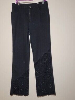 Variations Women's Jeans Lace-Hem Studd Large Black Boho Hippie Festive Straight